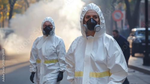 People in Protective Gear Walking Through Smoke-Filled Street