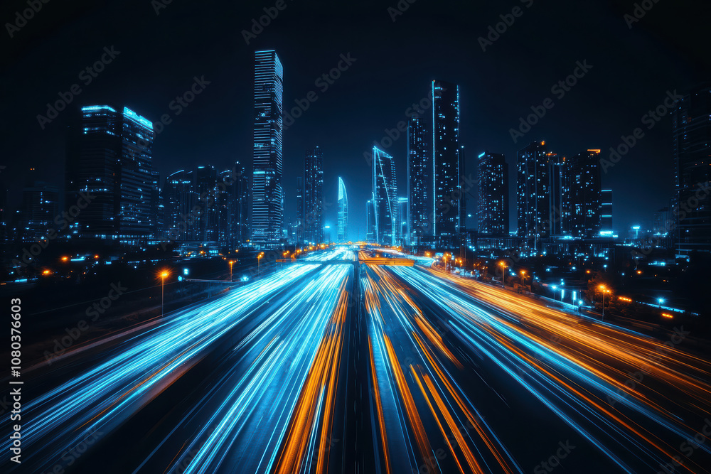 Fototapeta premium Urban skyline and bustling streets below