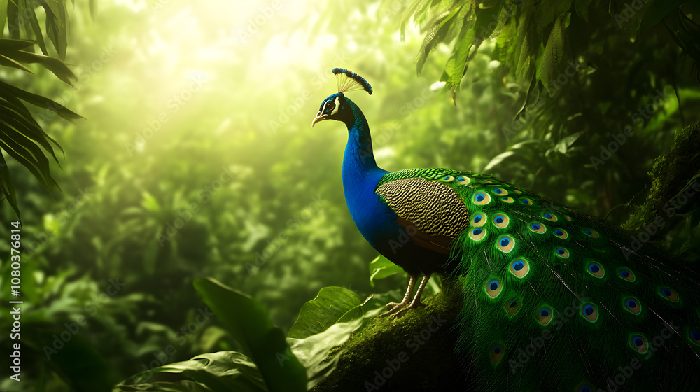 Obraz premium A vibrant peacock displaying its colorful feathers in a lush garden, symbolizing beauty and elegance. A peacock showcasing its plumage.