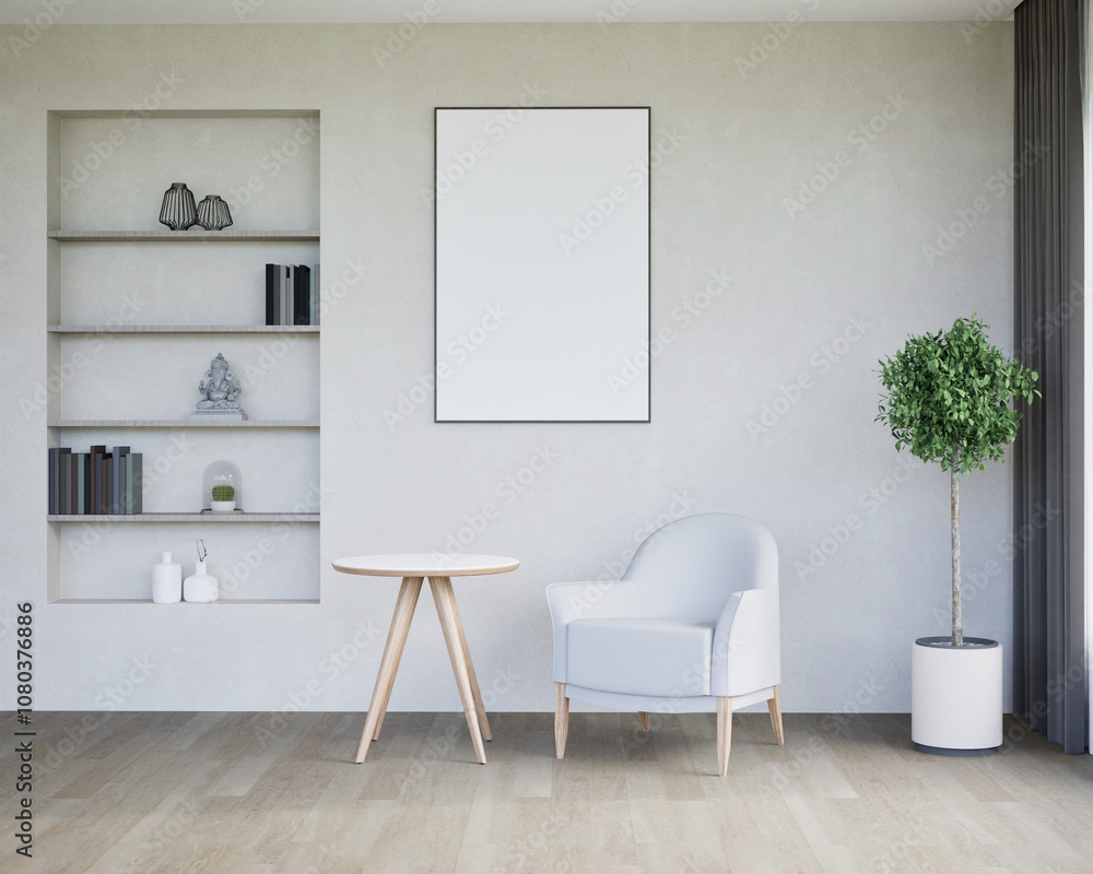 interior of a room with armchair and table, bookshelf, mockup frame on wall interior of a room with armchair and table, bookshelf, mockup frame on wall