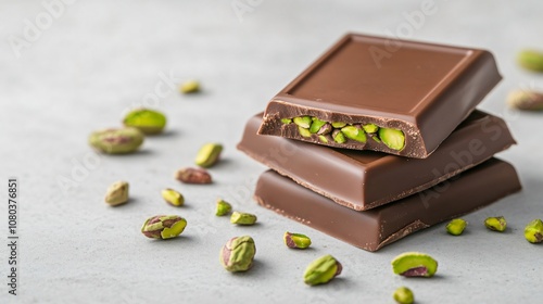 Chocolate bars with pistachio filling stacked on a grey table, creating a tempting image for chocolate lovers