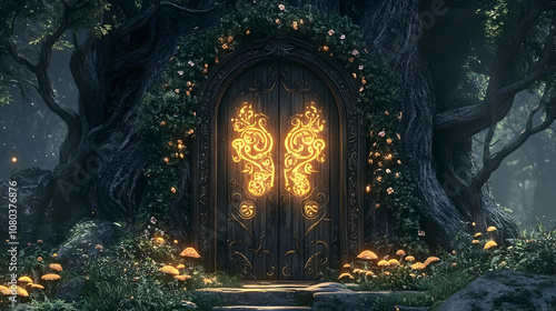 Enchanted Forest Door: Glowing Mystical Symbols Illuminate an Ancient Tree's Entrance at Night photo