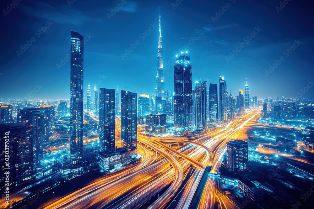 Fototapeta premium Nighttime view of skyscrapers and traffic