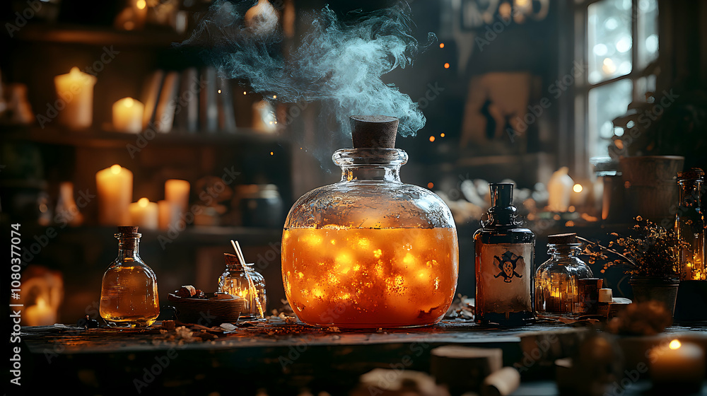 Mystical Potion Brews in Glass Bottle, Emits Steam in Dark Alchemist's Workshop Setting with Candles and Herbs Mystical Potion Brews in Glass Bottle, Emits Steam in Dark Alchemist's Workshop Setting with Candles and Herbs