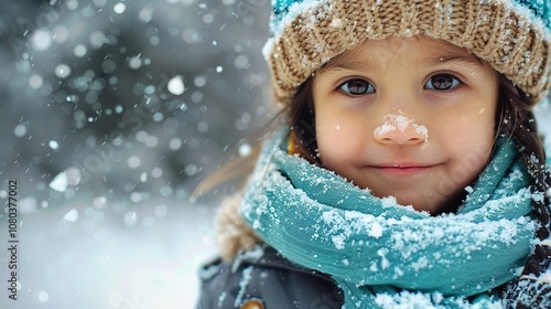 Portrait of a Happy Child in Snowy Winter Scene