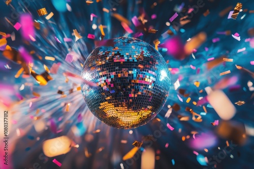 A shimmering disco ball illuminated by vibrant lights and colorful confetti in a lively party atmosphere