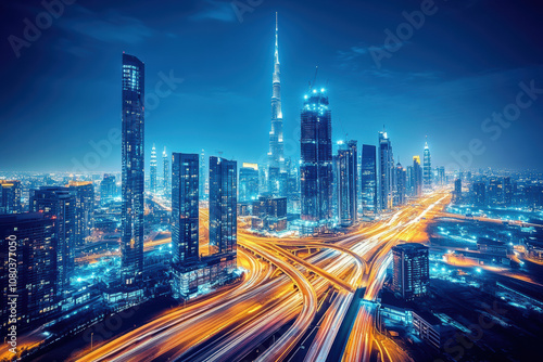 Nighttime view of skyscrapers and traffic