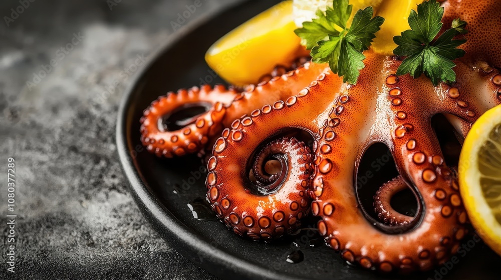 Fototapeta premium Closeup of cooked octopus tentacles. Perfect for seafood recipes or restaurant menus.