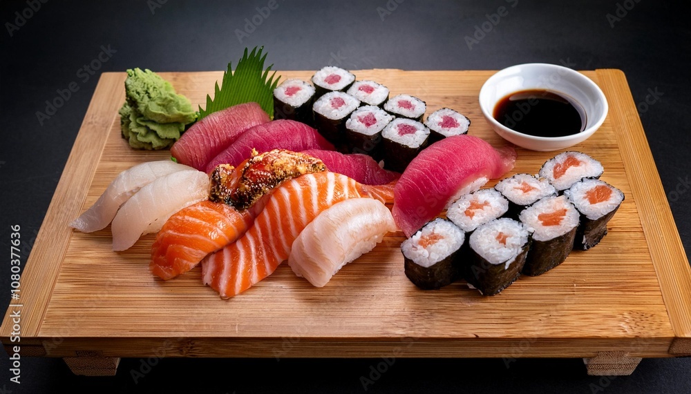 Obraz premium Traditional Japanese Sushi Platter With Fresh Sashimi, Nigiri, and Rolls, Beautifully Presented on a Wooden Board With Pickled Ginger, Wasabi, and Soy Sauce