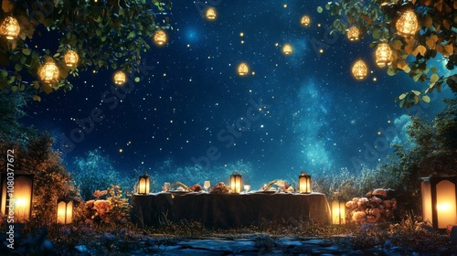 Magical Thanksgiving dinner setup under the stars with lanterns photo