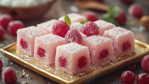 Turkish Delight with Fresh Cherries on a Golden Plate