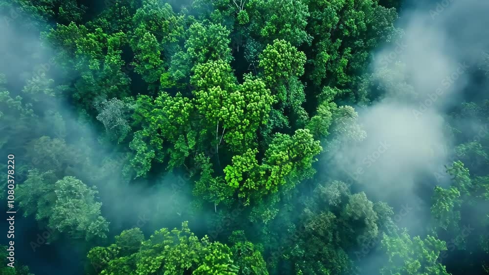 An aerial view of a lush forest shrouded in morning mist, showing the intricate patterns of treetops and the soft light filtering through the clouds An aerial view of a lush forest shrouded in morning mist, showing the intricate patterns of treetops and the soft light filtering through the clouds