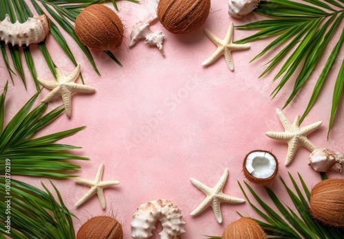 Wallpaper Mural Tropical Pink Background with Palm Leaves and Starfish Torontodigital.ca