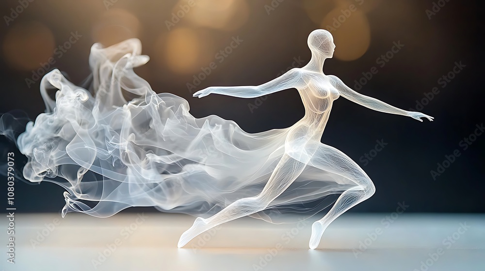Fototapeta premium The dynamic white smoke appears to move effortlessly against the dark backdrop, reminiscent of a graceful dancer in motion