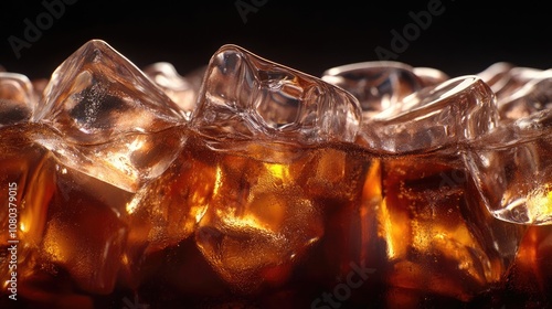 Close-Up of Glass with Cola and Ice Cubes, High-Resolution Macro Photography