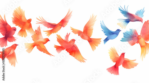 Watercolor Painting of Colorful Birds in Flight, Soaring Gracefully Across a White Background