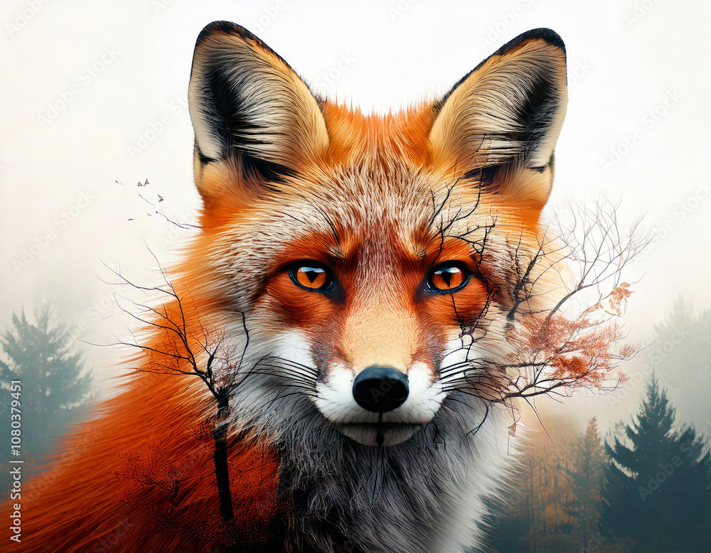 Fototapeta premium Double exposure photo of a wolf and the forest