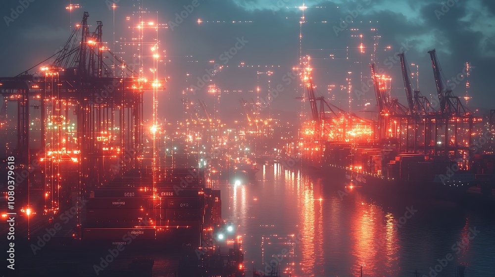 Dynamic view of an industrial port, Aerial view of a busy container port at sunset Dynamic view of an industrial port, Aerial view of a busy container port at sunset