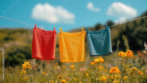 Colorful Towels Drying in Sunny Meadow Scene