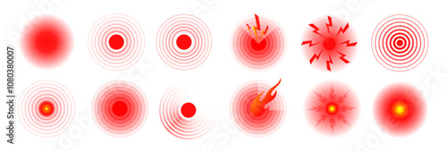 Set of vector Pain icons. Pain red circles isolated. Ache localization icons