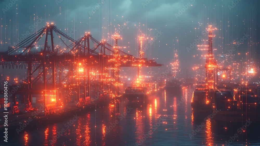 Fototapeta premium Dynamic view of an industrial port, Aerial view of a busy container port at sunset