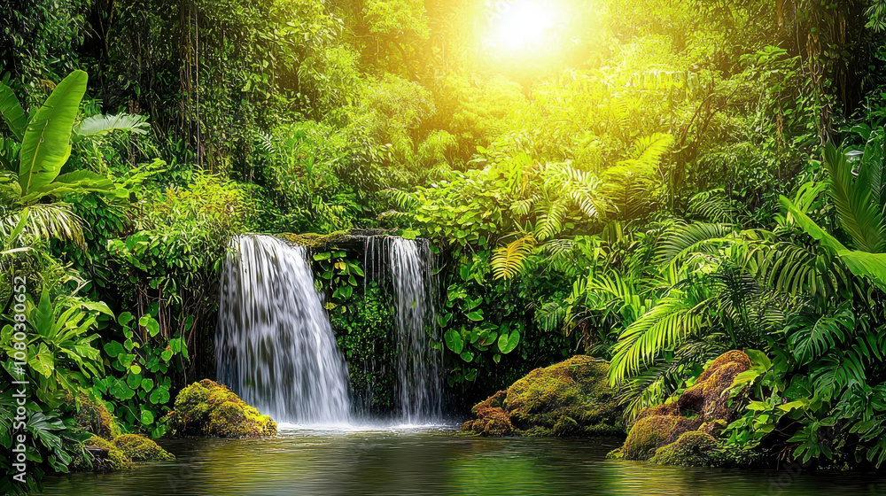 Lush tropical jungle with serene waterfall, vibrant greenery, and sunlight filtering through trees, creating peaceful atmosphere Lush tropical jungle with serene waterfall, vibrant greenery, and sunlight filtering through trees, creating peaceful atmosphere