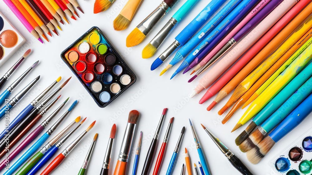 A flat lay of colorful art supplies, including paintbrushes, colored pencils, watercolor paints, and other art tools, on a white background. A flat lay of colorful art supplies, including paintbrushes, colored pencils, watercolor paints, and other art tools, on a white background.