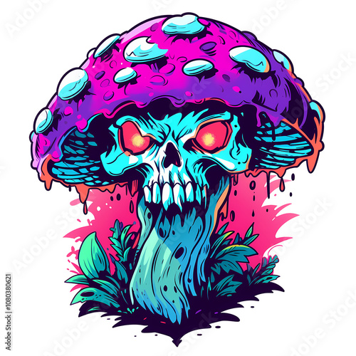 Colorful Psychedelic Mushroom Skull with Vibrant Artistic Design photo