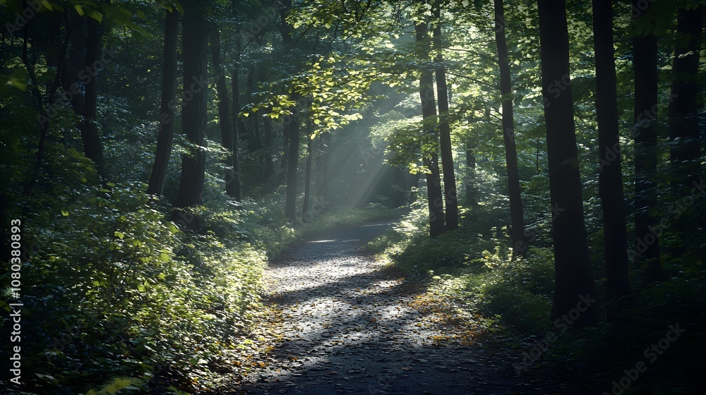 Fototapeta premium A serene forest path illuminated by soft sunlight, inviting exploration and tranquility.