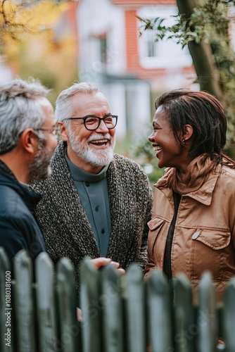 Diverse neighbors chatting over the fence in a friendly neighborhood