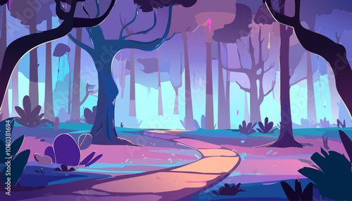 Vector cartoon illustration of a road in the woods with trees and bushes.