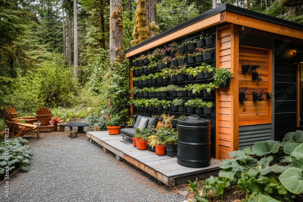 Naklejka premium Outdoor seating and compost setup with vertical garden in forest