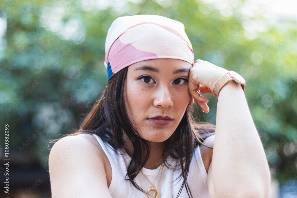 Stylish young asian woman wearing headscarf and posing for a portrait in a park Stylish young asian woman wearing headscarf and posing for a portrait in a park