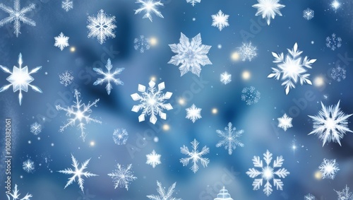 Snow flakes falling winter vector background. Snowflake macro illustration, water freezing parts, snow elements, flakes confetti chaotic scatter. Cold weather symbols.