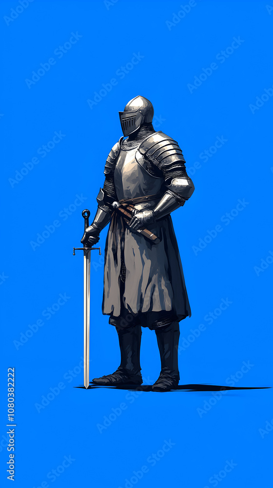 Naklejka premium A historical knight in ceremonial armor with a sword, posed against a royal blue background. A knight in ceremonial attire.