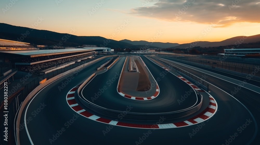 Naklejka premium Aerial view of an empty motor racing circuit at sunset with surrounding mountains and stadium seating.