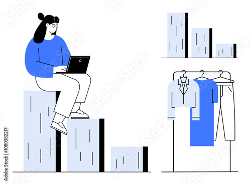 Businesswoman with laptop seated on bar graph beside a rack with blue and white clothing. Ideal for business, fashion, data analysis, ecommerce, graphing trends, market research, entrepreneurship