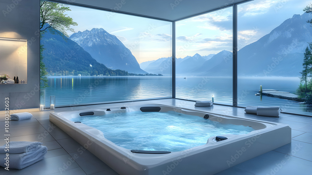Fototapeta premium Serene Mountain Lake View Spa: 3D Render of a Modern Hot Tub with Panoramic Windows overlooking tranquil waters and majestic mountains.