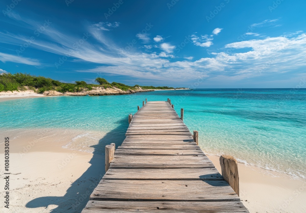 Obraz premium Wooden Pier Leading to Turquoise Ocean and Beach