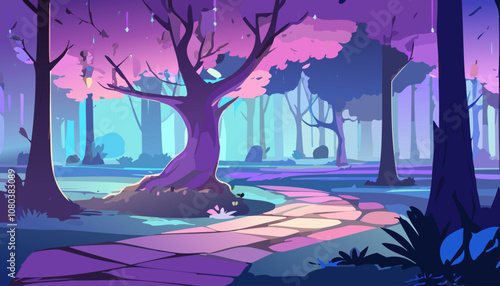 Vector illustration of a night park with a path through the trees.