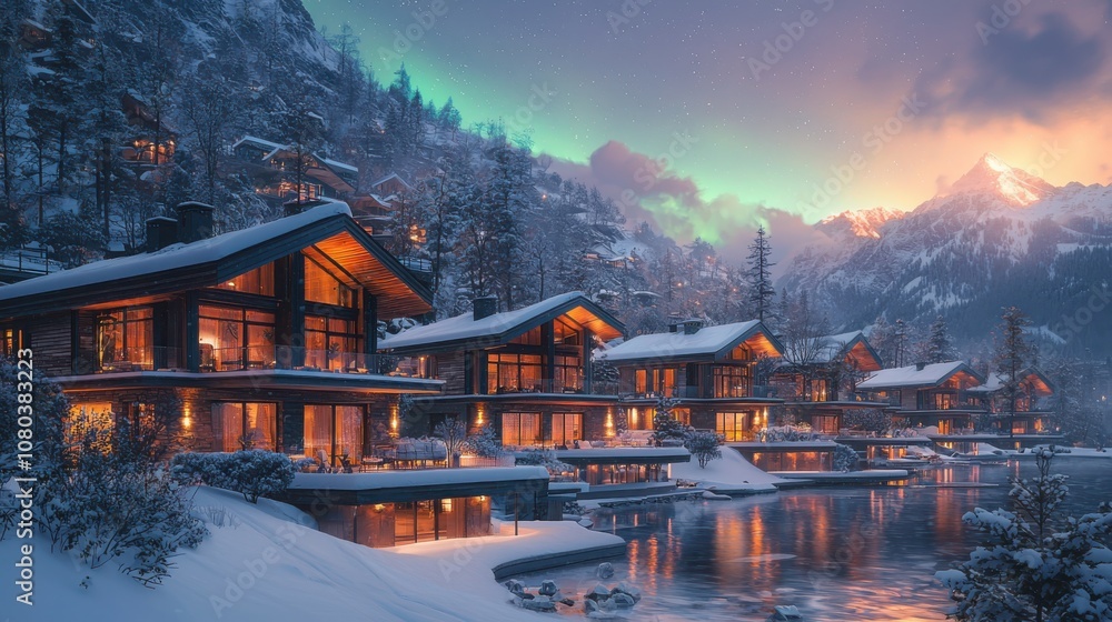 Fototapeta premium Experience the enchantment of a swiss alpine chalet with snow-covered rooftops and warm glowing lights