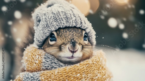 Charming Squirrel Wearing Warm Hat and Scarf in the Snow photo