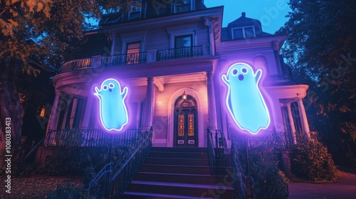 Cute Halloween Ghosts Glowing with Neon Lights in Front of Mansion photo