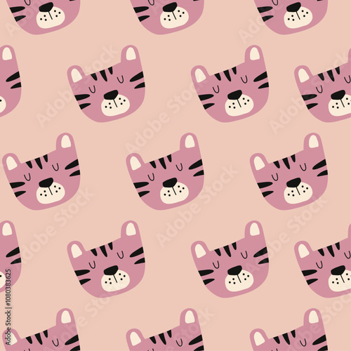 Modern seamless pattern with cute pink tigers. Colorful design with animals. Pattern for fabric, textiles, notepads and wrapping paper.