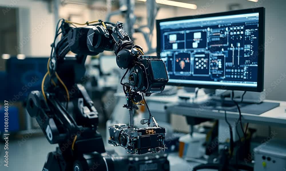A robotic arm is manipulating a camera while a computer screen displays technical data, illustrating advanced technology in automation and robotics. A robotic arm is manipulating a camera while a computer screen displays technical data, illustrating advanced technology in automation and robotics.
