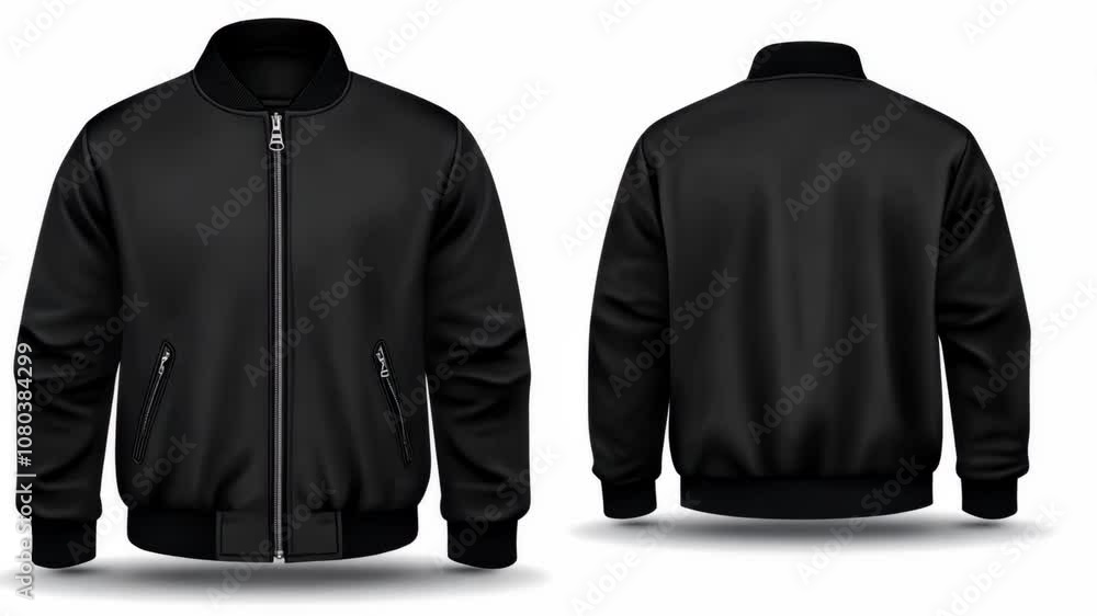 A black bomber jacket with a zipper closure and two side pockets is shown in both front and back views A black bomber jacket with a zipper closure and two side pockets is shown in both front and back views