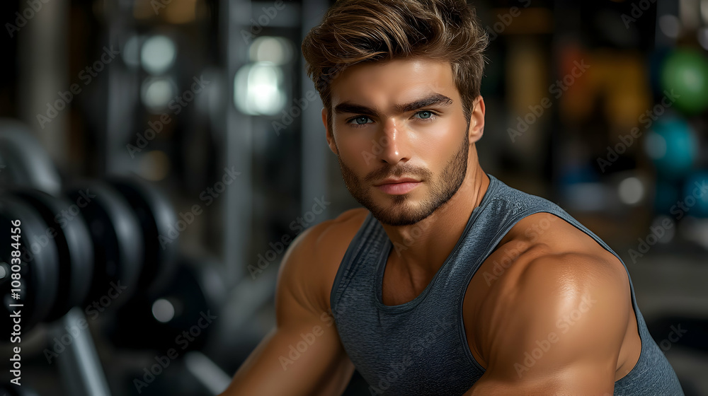 A Muscular Man Rests in a Gym, Showing off His Physique in a Gray Tank Top, After an Intense Workout. A Muscular Man Rests in a Gym, Showing off His Physique in a Gray Tank Top, After an Intense Workout.