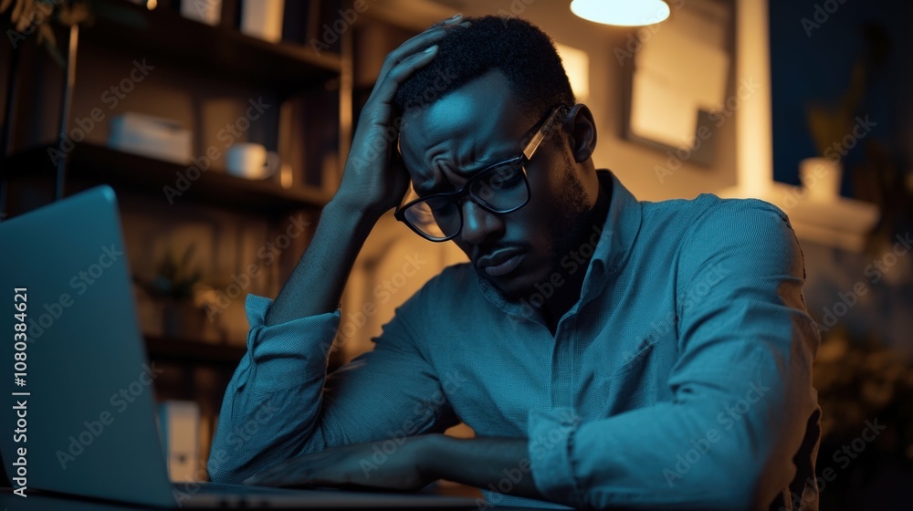 Dark-skinned man with glasses holding his head while sitting at a desk with a laptop, office environment with shelves in the background, studio lighting Dark-skinned man with glasses holding his head while sitting at a desk with a laptop, office environment with shelves in the background, studio lighting