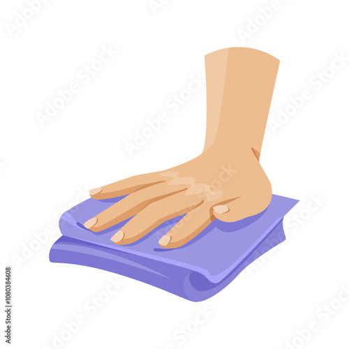 A hand pressing down on a folded purple cloth, flat design style, on a white background. Vector illustration