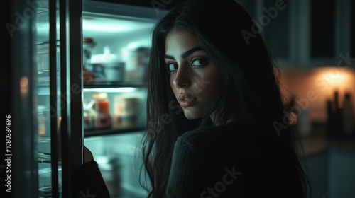 Sad woman with long dark hair staring at a nearly empty fridge, illuminated by the soft light from inside, with the rest of the kitchen darkened in the background